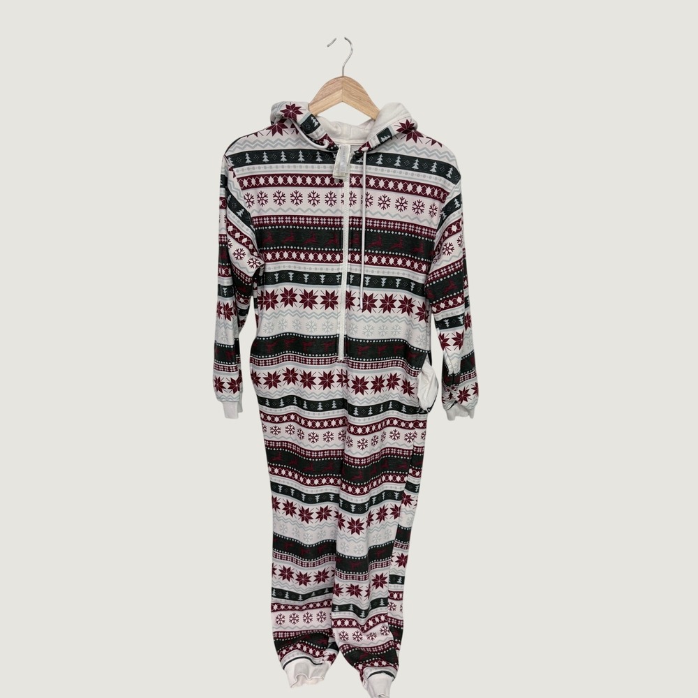 Fabletics Fair Isle Hooded Pajama Jumpsuit Red White Grey Snowflake XS ON2353110